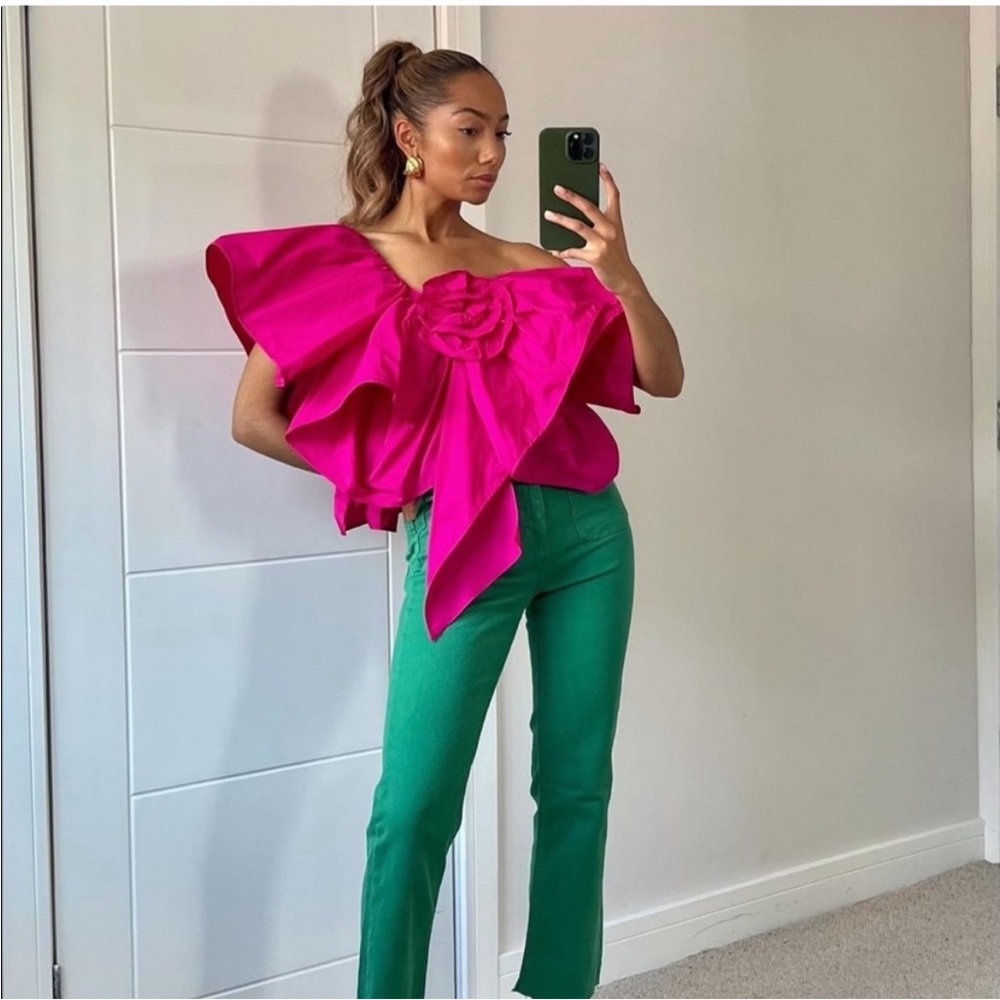 ZARA PINK VOLUMINOUS RUFFLE ASYMMETRIC TOP PINK